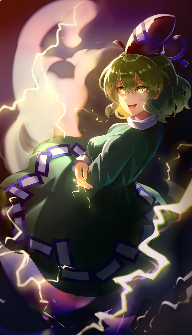 1girl 60mai :d arms_under_breasts black_headwear breasts dark_background dress electricity eyebrows_visible_through_hair ghost_tail glowing glowing_eyes green_dress green_eyes green_hair hair_between_eyes hat lightning long_sleeves looking_at_viewer looking_back medium_breasts night night_sky ofuda_on_clothes open_mouth short_hair sky smile soga_no_tojiko solo tate_eboshi touhou v-shaped_eyebrows wavy_hair