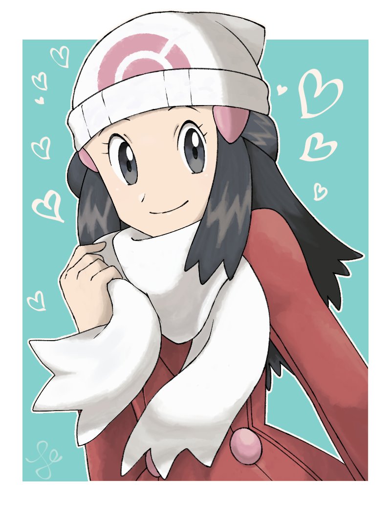 1girl beanie black_hair border closed_mouth coat commentary_request hikari_(pokemon) eyelashes grey_eyes hair_ornament hairclip hat heart holding jeri20 long_hair looking_at_viewer outside_border pokemon pokemon_(game) pokemon_dppt pokemon_platinum red_coat scarf smile solo upper_body white_border white_headwear winter_clothes