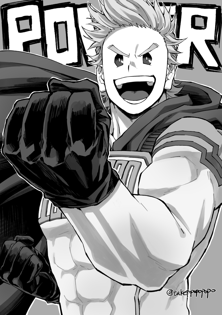 1boy :d bodysuit boku_no_hero_academia cape covered_abs english_text fighting_stance gloves greyscale male_focus monochrome muscular muscular_male open_mouth pectorals popo_take short_hair smile solo spiky_hair teeth togata_mirio tongue