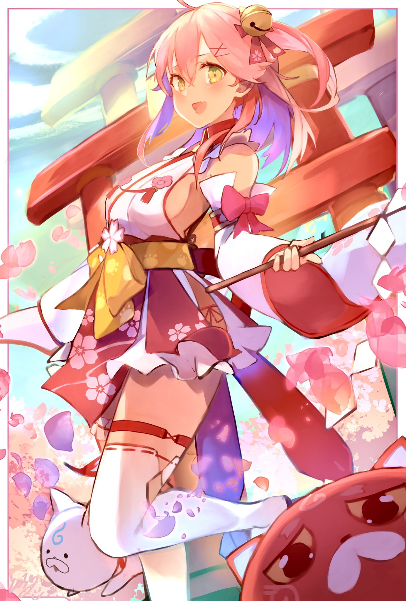 1girl 35p_(sakura_miko) ahoge bell breasts cat cherry_blossom_print detached_sleeves floral_print gohei green_eyes hair_bell hair_ornament hairclip highres holding hololive kintoki_(sakura_miko) petals pink_hair sakura_miko sideboob tomocha_(tmc_tmc8) torii virtual_youtuber white_legwear x_hair_ornament