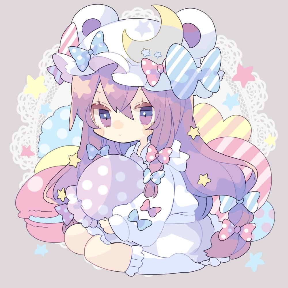 1girl adapted_costume animal_ears bangs blue_bow blush bobby_socks bow chibi commentary crescent crescent_moon_pin doily fake_animal_ears food full_body grey_background hair_bow hat hat_bow heart holding long_hair long_sleeves macaron mob_cap nikorashi-ka patchouli_knowledge polka_dot polka_dot_bow purple_hair red_bow shirt simple_background sitting skirt socks solo star_(symbol) striped striped_bow touhou very_long_hair violet_eyes