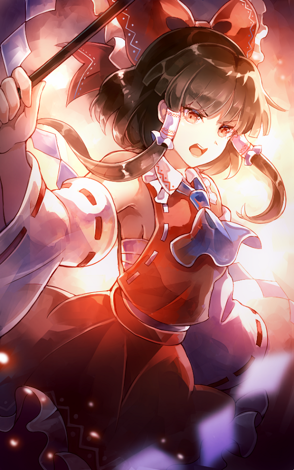 1girl 60mai ascot bangs black_hair bow cowboy_shot detached_sleeves eyebrows_visible_through_hair frilled_bow frilled_hair_tubes frills gohei hair_bow hakurei_reimu holding light_particles looking_at_viewer nontraditional_miko open_mouth red_bow red_eyes red_ribbon red_shirt red_skirt ribbon ribbon-trimmed_shirt ribbon-trimmed_sleeves ribbon_trim shide shirt short_hair_with_long_locks skirt skirt_set solo standing touhou v-shaped_eyebrows white_ribbon wide_sleeves