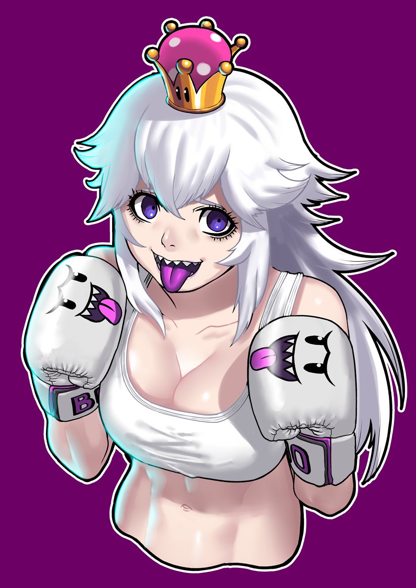 1girl abs blue_eyes boxing_gloves cessa commission cropped_torso english_commentary hands_up long_hair looking_at_viewer super_mario_bros. open_mouth outline princess_king_boo purple_background sharp_teeth simple_background smile solo sports_bra super_crown teeth tongue tongue_out white_hair white_outline white_sports_bra