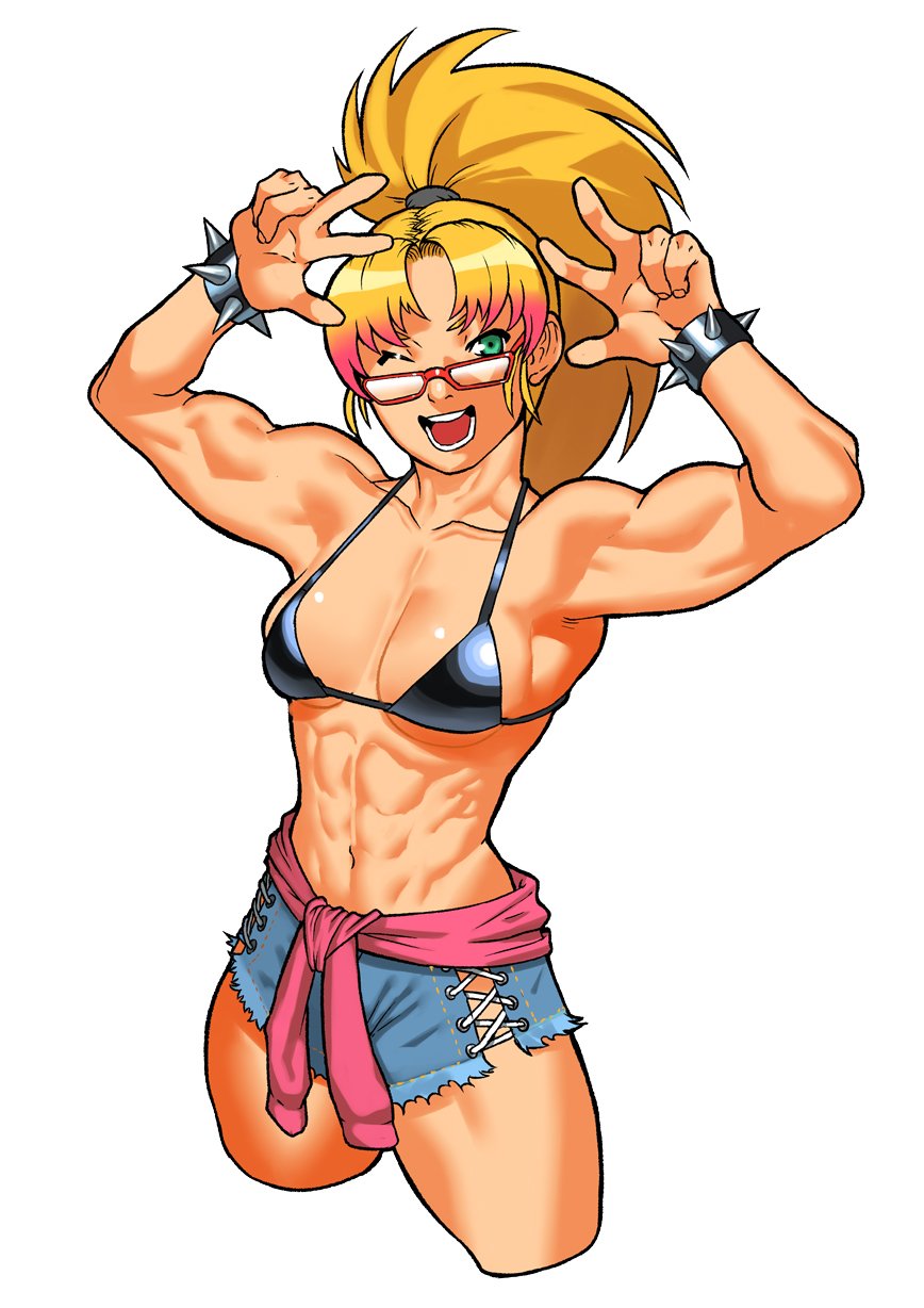 1girl abs arms_up bangs biceps blonde_hair blue_shorts borrowed_character bracelet breasts breasts_apart cessa cowboy_shot cropped_legs double_w glasses gradient_hair green_eyes hands_up highres jewelry long_hair looking_at_viewer medium_breasts multicolored_hair muscular muscular_female one_eye_closed open_mouth original parted_bangs pink_hair ponytail red-framed_eyewear shorts simple_background smile solo spiked_bracelet spikes w white_background