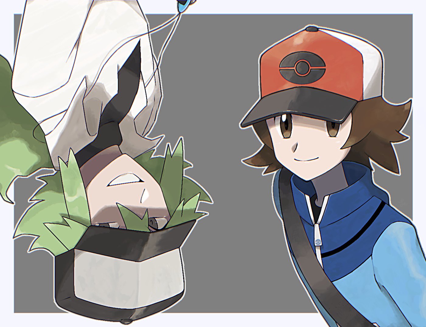 2boys bangs baseball_cap blue_jacket brown_eyes brown_hair closed_mouth collared_shirt commentary_request green_hair grey_background hat hilbert_(pokemon) jacket jeri20 jewelry long_hair male_focus multiple_boys n_(pokemon) necklace outline pokemon pokemon_(game) pokemon_bw shirt smile undershirt zipper_pull_tab