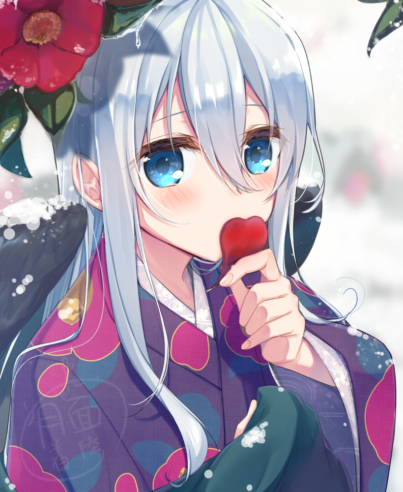 1girl bangs blue_eyes blurry blurry_background blush commentary_request covered_mouth depth_of_field eyebrows_visible_through_hair floral_print flower hair_between_eyes hand_up holding inose_riku japanese_clothes kimono long_hair long_sleeves looking_at_viewer original petals print_kimono purple_kimono red_flower silver_hair snow solo upper_body wide_sleeves