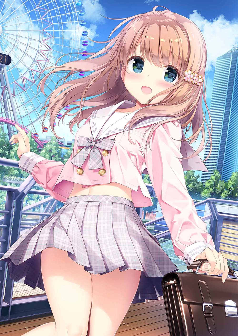 1girl :d bag blue_eyes blue_sky blush bow bowtie brown_hair building clouds ferris_wheel flower hair_flower hair_ornament highres holding holding_bag kimishima_ao long_hair long_sleeves looking_at_viewer open_mouth original outdoors pink_shirt plaid plaid_skirt pleated_skirt purple_sailor_collar purple_skirt sailor_collar shirt skirt sky skyscraper smile solo standing tree