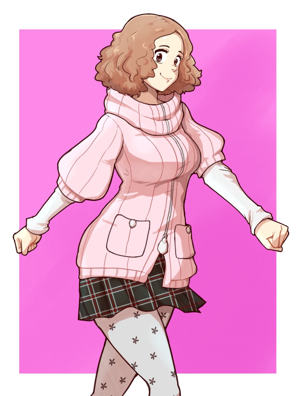 1girl breasts brown_hair chief_(91m10) clenched_hands curly_hair highres jacket large_breasts leggings long_sleeves okumura_haru persona persona_5 pink_background pink_sweater plaid plaid_skirt pocket short_hair simple_background skirt smile solo sweater sweater_jacket turtleneck turtleneck_sweater two-tone_background walking white_background zipper zipper_pull_tab