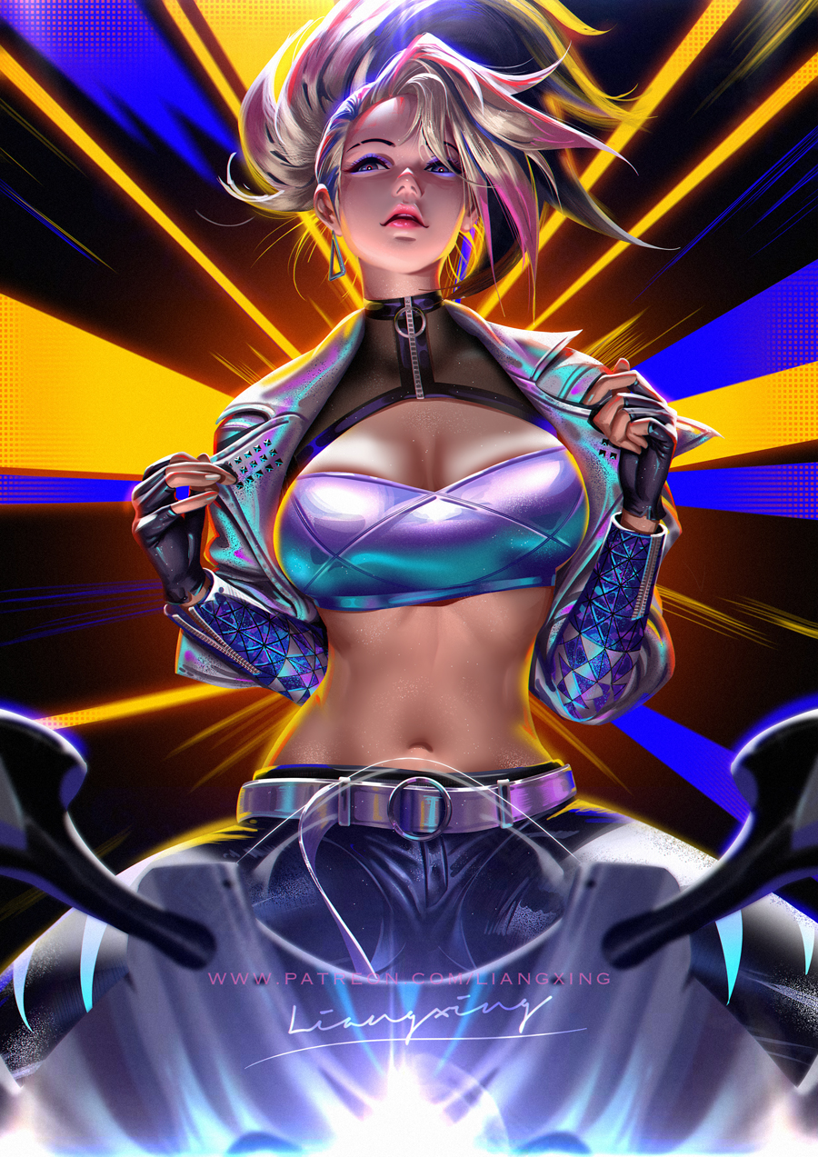 1girl akali belt black_gloves black_hair blonde_hair blue_eyes breasts cleavage_cutout clothing_cutout cropped_jacket earrings eyeshadow fingerless_gloves gloves ground_vehicle high_ponytail highres jacket jewelry k/da_(league_of_legends) large_breasts league_of_legends liang_xing lips looking_at_viewer makeup motor_vehicle motorcycle multicolored_hair navel open_clothes open_jacket short_hair signature sitting solo the_baddest_akali two-tone_hair