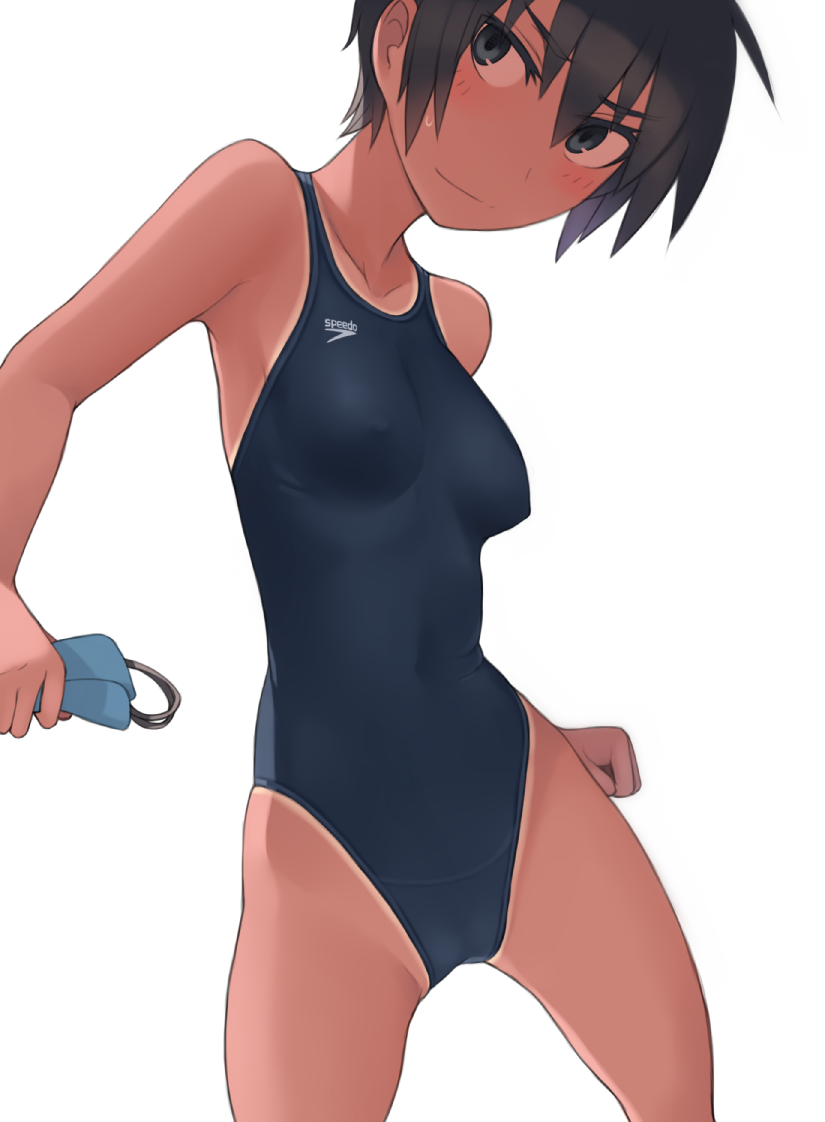 1girl black_eyes black_hair black_swimsuit breasts commentary competition_swimsuit cowboy_shot goggles highleg highleg_swimsuit holding holding_goggles kuronami_(lvi) logo looking_at_viewer lvi one-piece_swimsuit one-piece_tan original short_hair simple_background small_breasts solo speedo_(company) swim_cap_removed swimsuit tan tanline tomboy white_background