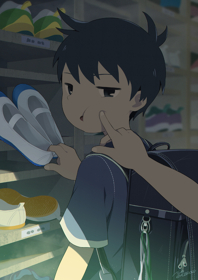 1boy backpack bag black_hair cheek_poking commentary looking_back male_focus noeyebrow_(mauve) original poking randoseru shoe_locker shoes short_hair upper_body uwabaki