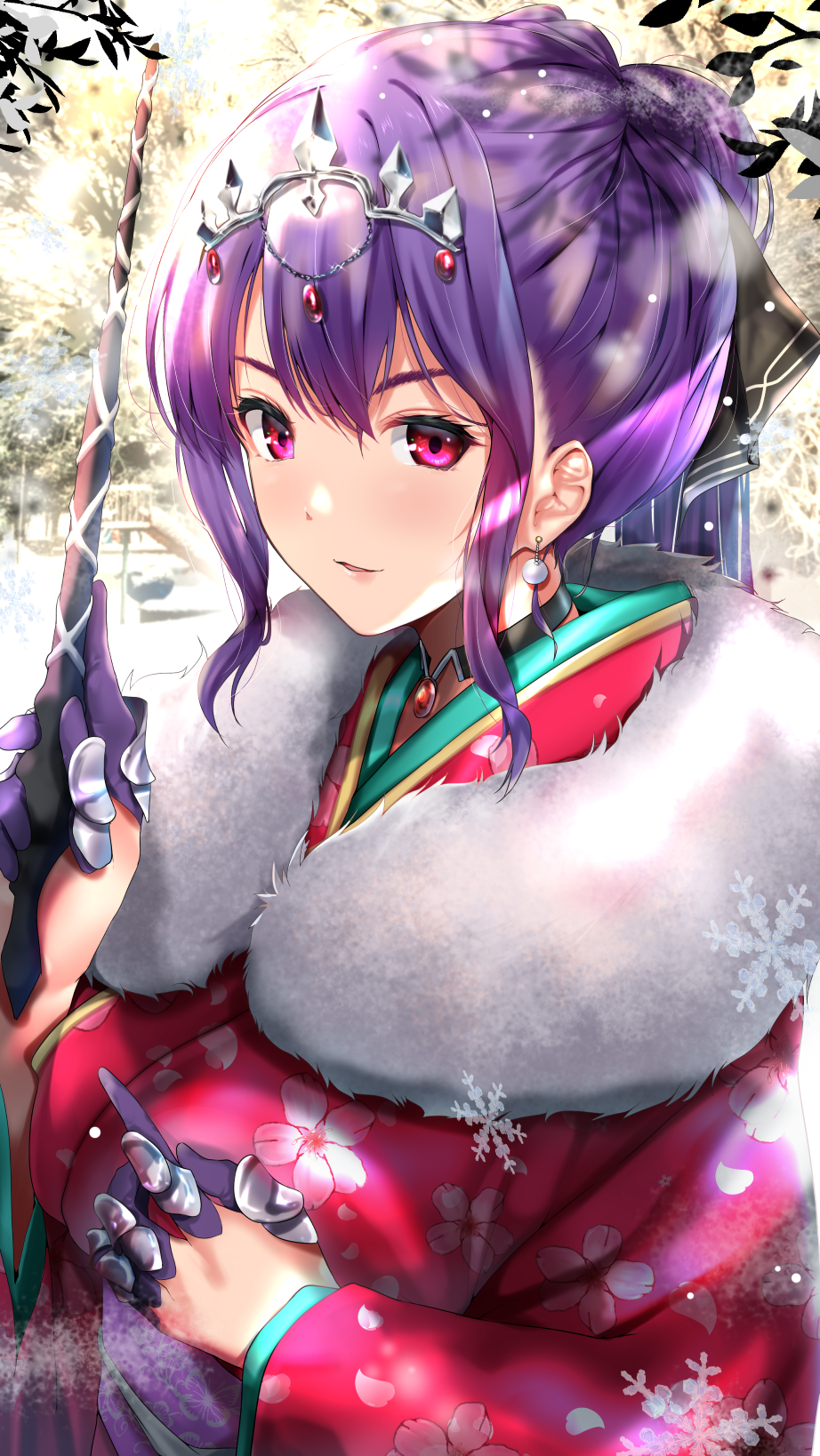 1girl alternate_hairstyle black_ribbon earrings fate/grand_order fate_(series) fur-trimmed_kimono fur_trim gauntlets hair_ribbon highres holding holding_wand japanese_clothes jewelry kimono long_sleeves looking_at_viewer nonohachi outdoors purple_hair red_eyes red_kimono ribbon scathach_(fate)_(all) scathach_skadi_(fate/grand_order) short_hair smile solo tiara upper_body wand