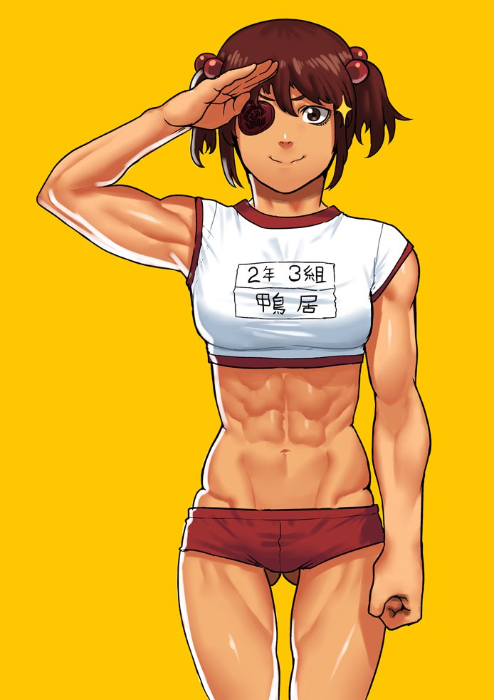 1girl abs brown_hair cessa crop_top eyepatch hand_up kamoi_tsubame looking_at_viewer midriff muscular muscular_female navel red_shorts shirt short_hair shorts simple_background smile solo twintails uchi_no_maid_ga_uzasugiru! white_shirt yellow_background