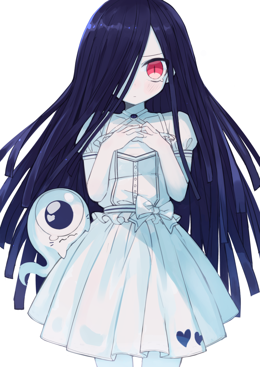 1girl bangs black_hair blush bow closed_mouth cyclops dress gatakigi_gama ghost hair_over_one_eye hands_up highres hitodama long_hair looking_at_viewer one-eyed original pale_skin pleated_dress puffy_short_sleeves puffy_sleeves revision short_sleeves simple_background solo very_long_hair white_background white_bow white_dress