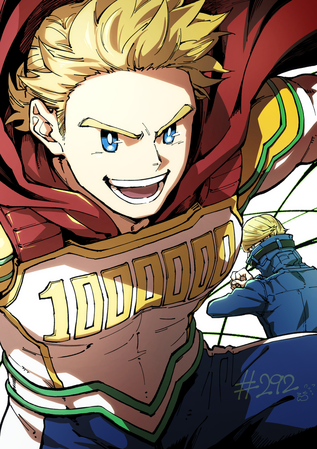 2boys blonde_hair blue_eyes bodysuit boku_no_hero_academia bright_pupils cape character_request close-up fighting_stance highres male_focus multiple_boys muscular muscular_male pectorals qina_(qinazuma_tno) red_cape short_hair smile spiky_hair togata_mirio white_bodysuit