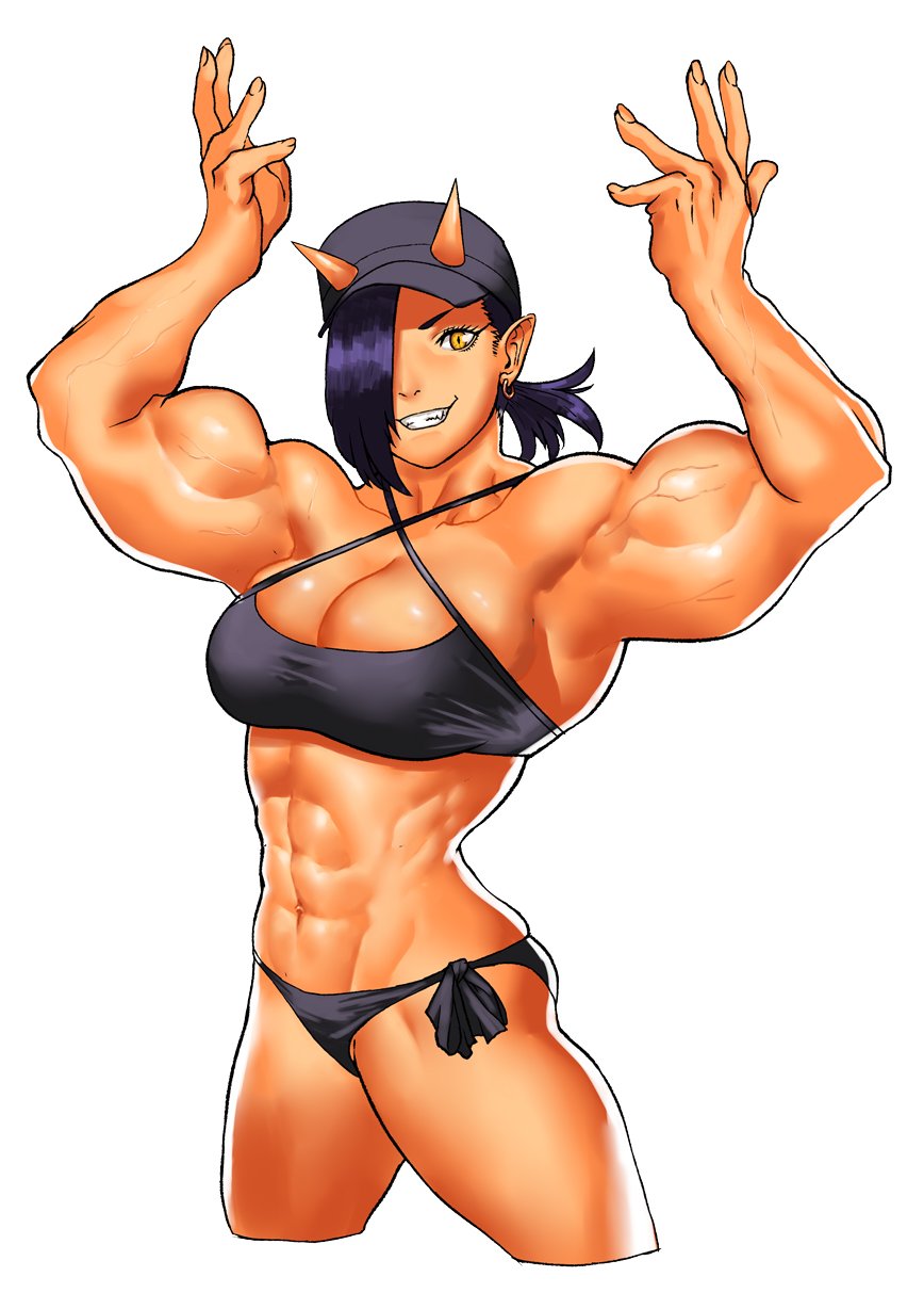 1girl abs arms_up biceps bikini black_bikini black_hair cessa cowboy_shot cropped_legs earrings elf-san_wa_yaserarenai. flexing hair_over_one_eye highres horns jewelry muscular muscular_female oga-san ponytail pose simple_background solo swimsuit veins white_background