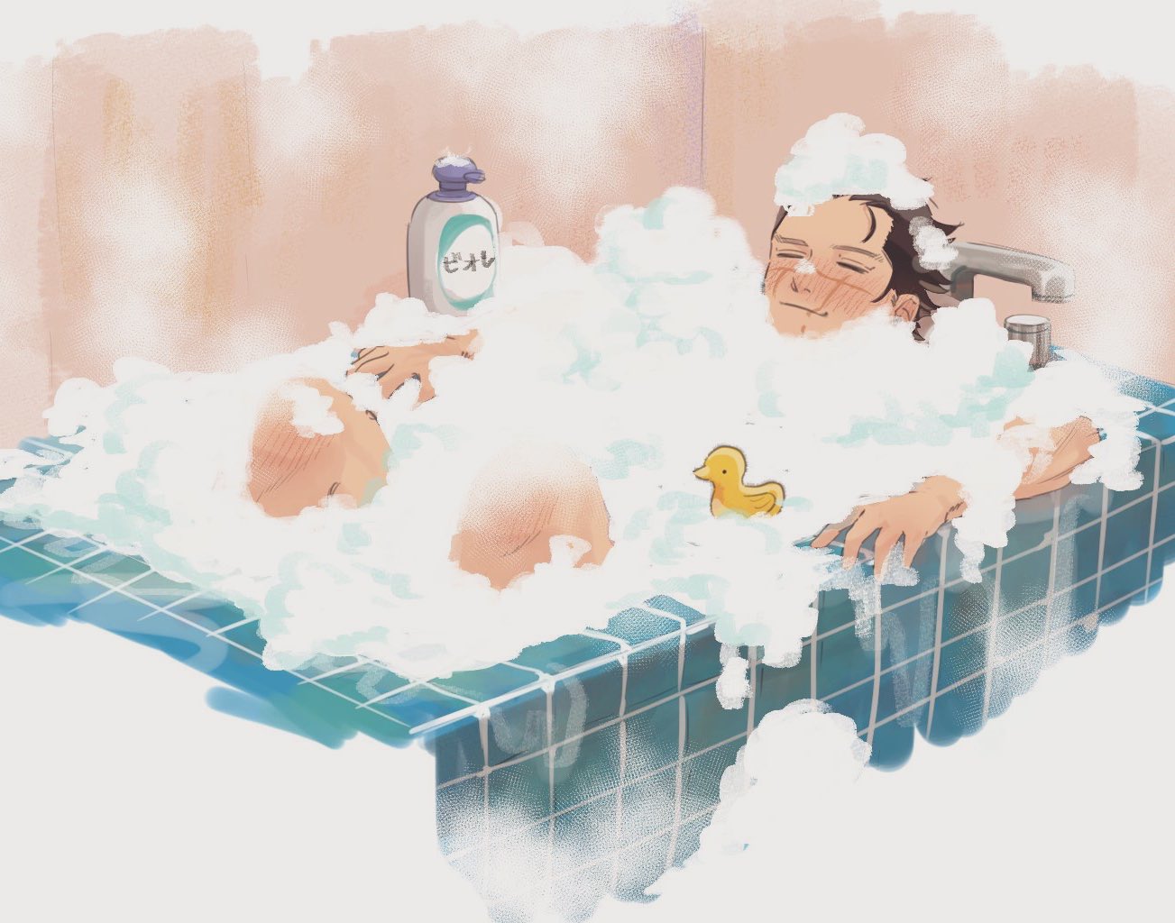 1boy bath bathing blush brown_eyes brown_hair bubble_bath closed_eyes golden_kamuy knees_up kotta_(pesan102) male_focus rubber_duck scar scar_on_cheek scar_on_face scar_on_mouth scar_on_nose short_hair simple_background solo spiky_hair sugimoto_saichi