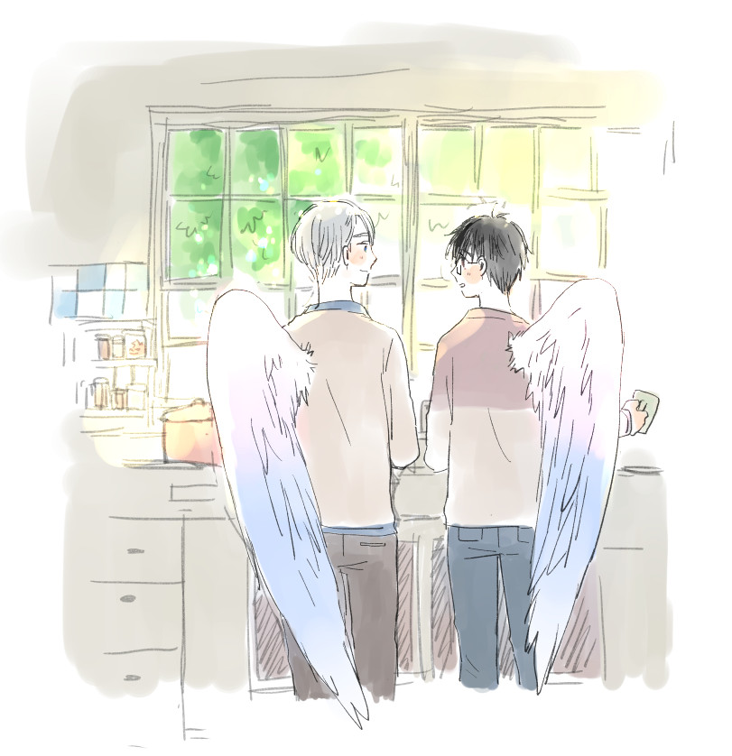 2boys backlighting beige_shirt black_hair blue_eyes blush_stickers border brown_eyes brown_shirt cabinet closed_mouth cropped_legs cup denim eye_contact feathered_wings feet_out_of_frame from_behind glasses grey_hair holding holding_cup ima_(minitomato123) indoors jar jeans jitome katsuki_yuuri kitchen light_smile long_sleeves looking_at_another looking_to_the_side male_focus multiple_boys nape oven pants pot profile shirt side-by-side single_wing spice_rack standing sunlight tareme tile_wall tiles tree two-tone_shirt viktor_nikiforov wall white_border white_wings window wings yuri!!!_on_ice