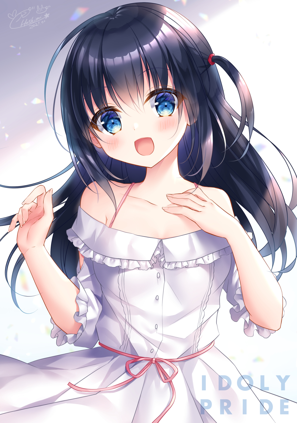 1girl :d bangs bare_shoulders black_hair blue_eyes blush character_request collarbone commentary_request copyright_name dress eyebrows_visible_through_hair hair_between_eyes hands_up highres idoly_pride kohinata_hoshimi long_hair looking_at_viewer off-shoulder_dress off_shoulder one_side_up open_mouth short_sleeves signature smile solo very_long_hair white_dress