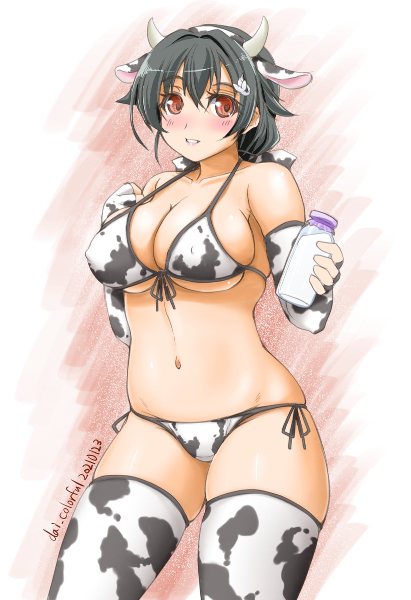 1girl akimoto_dai animal_ears animal_print artist_name bikini black_hair bottle breasts collarbone commentary_request cow_ears cow_horns cow_print cowboy_shot dated elbow_gloves fake_animal_ears fake_horns fingerless_gloves front-tie_top gloves hair_flaps highres horns jingei_(kantai_collection) kantai_collection large_breasts long_hair looking_at_viewer low_ponytail milk navel parted_lips red_eyes side-tie_bikini skindentation solo standing swimsuit thigh-highs white_bikini white_gloves white_legwear