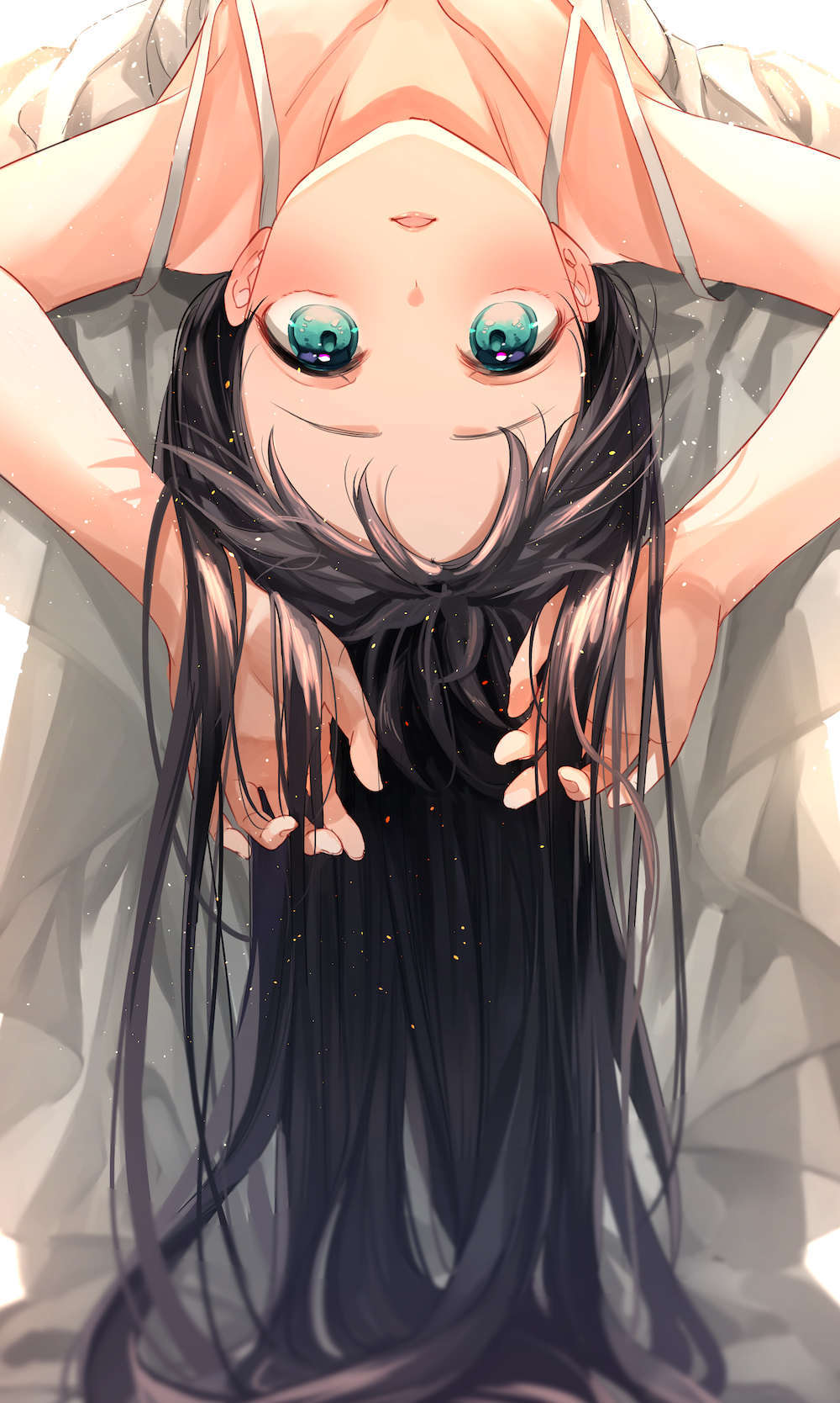 1girl black_hair blurry collarbone green_eyes highres long_hair looking_at_viewer lying on_back open_mouth original ouri_(aya_pine) solo upside-down