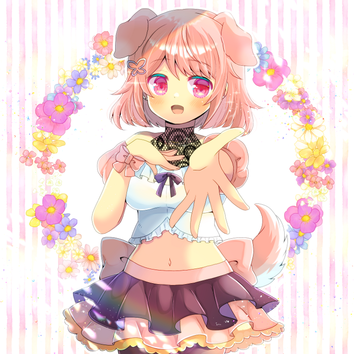 1girl :d animal_ears bangs black_skirt blue_flower blush breasts brown_hair brown_legwear brown_sleeves butterfly_hair_ornament commentary_request crop_top detached_sleeves dog_ears dog_girl dog_tail eyebrows_visible_through_hair floral_background flower frilled_shirt frills hair_ornament hand_up indie_virtual_youtuber kouu_hiyoyo layered_skirt looking_at_viewer medium_breasts midriff navel open_mouth outstretched_arm pantyhose pink_flower pink_skirt pleated_skirt puffy_short_sleeves puffy_sleeves purple_flower red_eyes sango_shuka shirt short_hair short_sleeves skirt smile solo striped striped_background tail vertical_stripes virtual_youtuber white_flower white_shirt