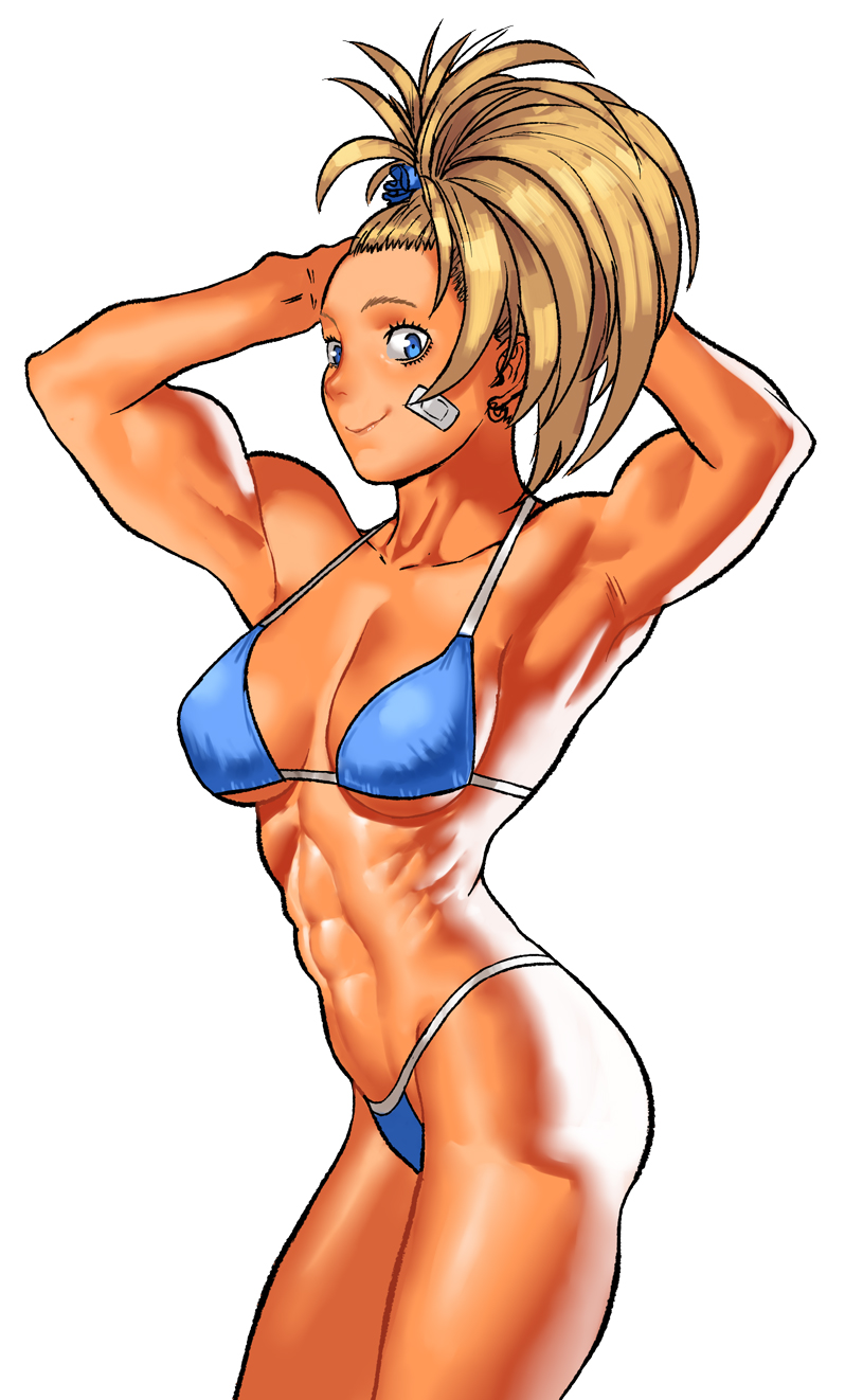 1girl abs armpits arms_behind_head arms_up bandaid bandaid_on_cheek biceps bikini blonde_hair blue_bikini blue_eyes captain_mizuki cessa commission highres looking_at_viewer muscular muscular_female one-punch_man simple_background smile solo swimsuit white_background