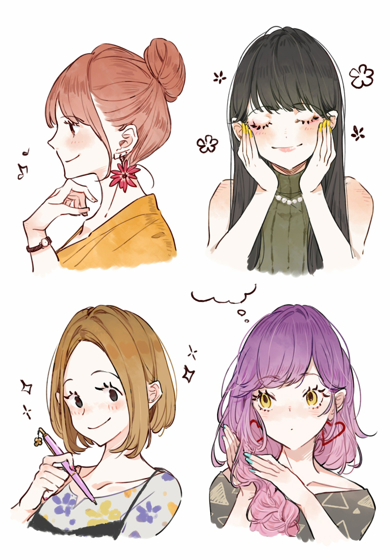 4girls black_hair blush brown_hair closed_eyes earrings flower_earrings forehead hair_bun hands_on_own_face heart heart_earrings holding holding_pencil jewelry long_hair makeup mascara multiple_girls nail_polish original pencil piercing purple_hair short_hair smile wavy_hair yuu_(higashi_no_penguin)