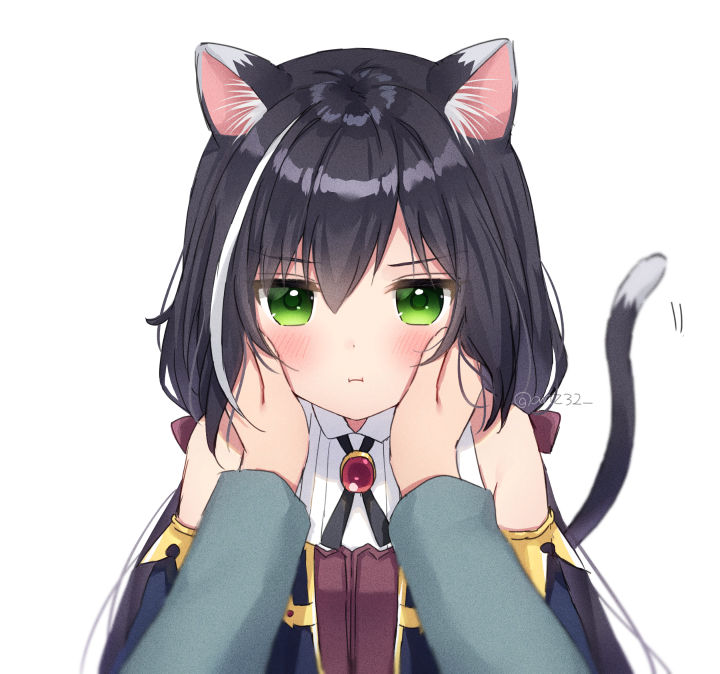 1girl :i animal_ear_fluff animal_ears anz32 bangs bare_shoulders black_hair black_sleeves blush bow brown_bow cat_ears cat_girl cat_tail closed_mouth collared_shirt commentary_request detached_sleeves eyebrows_visible_through_hair green_eyes hair_between_eyes hair_bow hands_on_another's_cheeks hands_on_another's_face karyl_(princess_connect!) long_hair long_sleeves looking_at_viewer low_twintails multicolored_hair out_of_frame princess_connect! princess_connect!_re:dive shirt simple_background sleeveless sleeveless_shirt solo_focus streaked_hair tail tail_raised twintails twitter_username upper_body white_background white_hair white_shirt