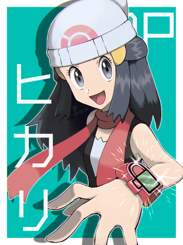 1girl :d beanie black_hair character_name commentary_request hikari_(pokemon) eyelashes floating_scarf green_background grey_eyes hair_ornament hairclip hat head_tilt jeri20 looking_at_viewer open_mouth pokemon pokemon_(game) pokemon_dppt poketch red_scarf scarf shirt sleeveless sleeveless_shirt smile solo sparkle tongue watch watch