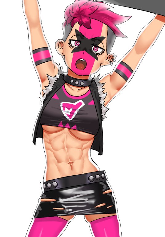 1girl abs arms_up black_collar black_skirt breasts cessa collar crop_top ear_piercing earrings facepaint jewelry muscular muscular_female navel npc_trainer open_mouth piercing pink_eyes pink_hair pink_legwear pokemon pokemon_(game) pokemon_swsh short_hair simple_background skirt solo team_yell team_yell_grunt thigh-highs torn_clothes torn_skirt under_boob undercut vest white_background