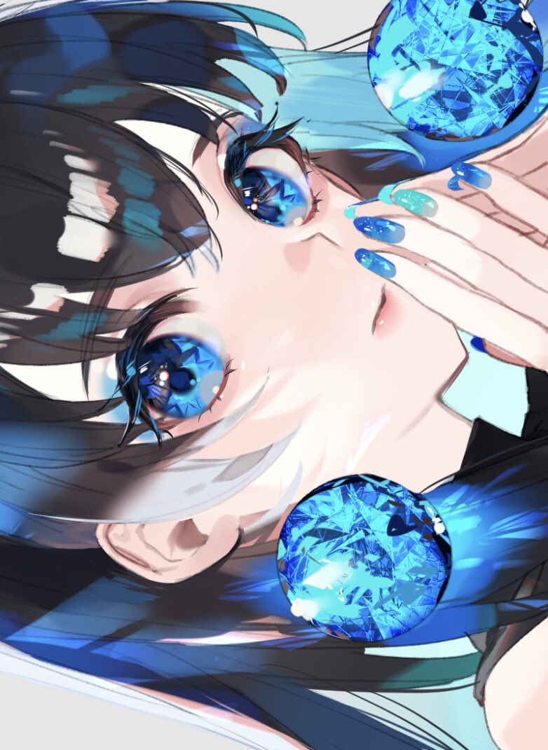 1girl black_hair blue_eyes blue_hair blue_nails close-up colored_inner_hair eye_focus fingers_together gem light_rays looking_at_viewer multicolored_hair original painted refraction sapphire_(gemstone) sideways simple_background solo zumi_(neronero126)