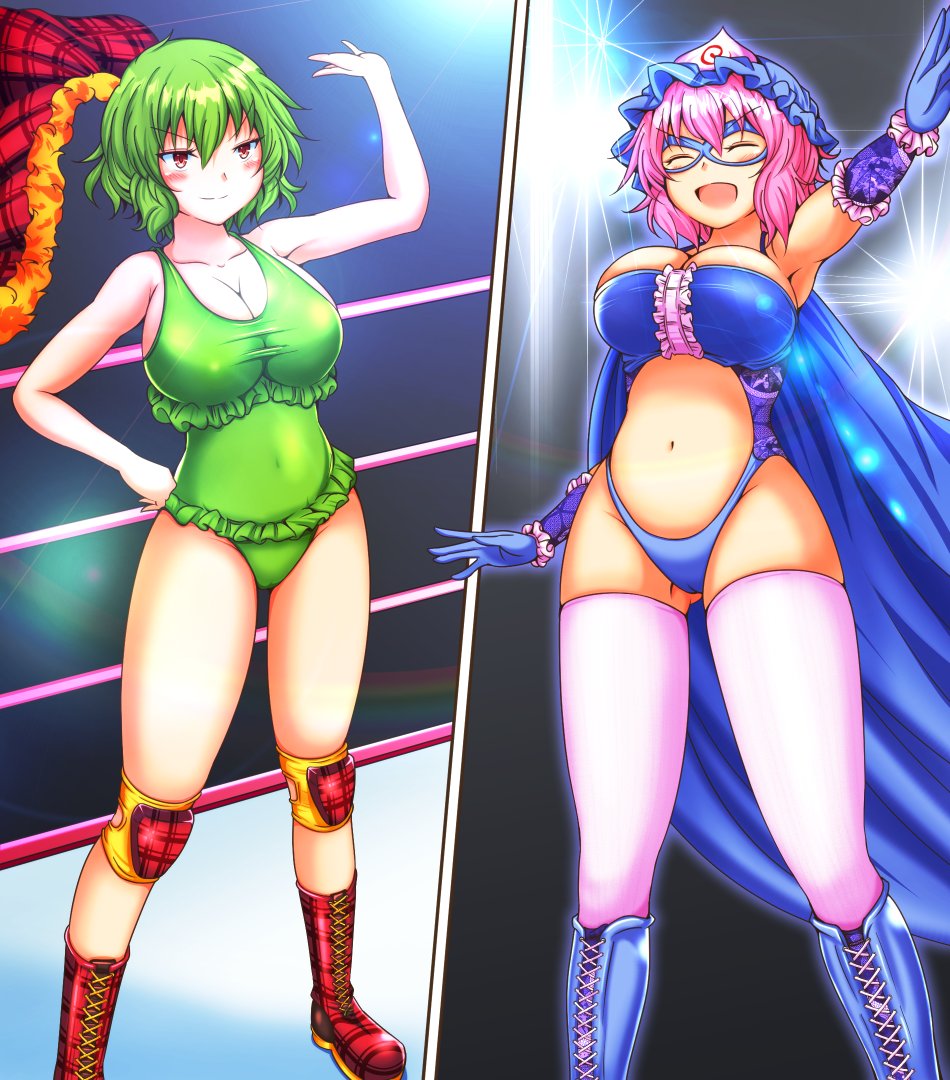 2girls alternate_costume arena boots breasts cape erechan green_hair hat kazami_yuuka large_breasts mask masked multiple_girls navel pink_hair saigyouji_yuyuko short_hair touhou