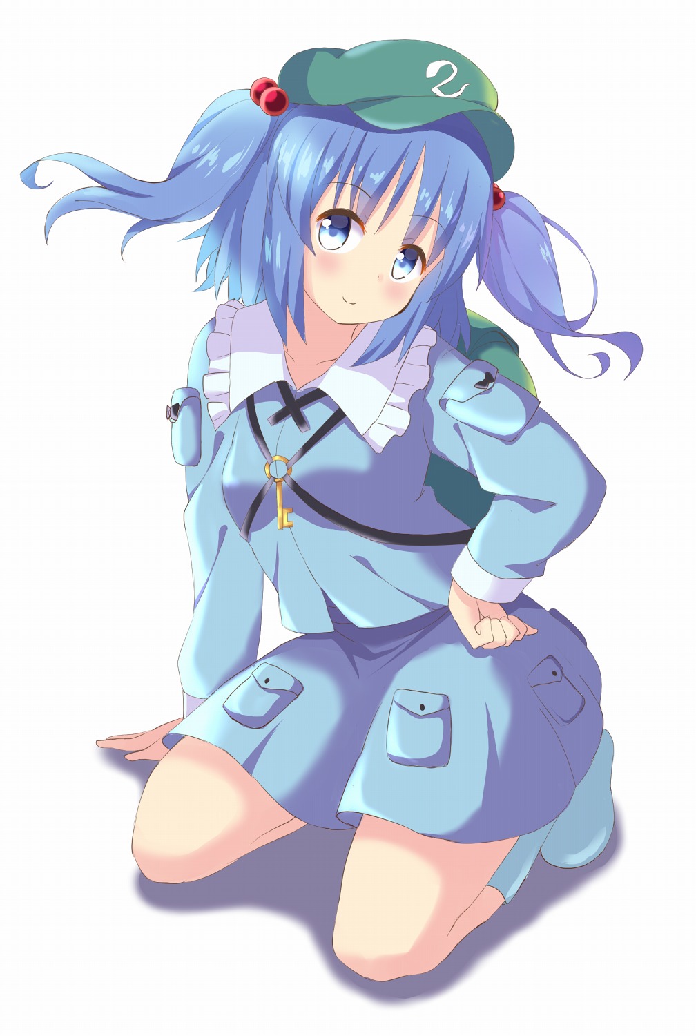1girl arm_support blue_eyes blue_footwear blue_hair blue_shirt blue_skirt boots breasts collarbone commentary_request eyebrows_visible_through_hair flat_cap floating_hair frilled_shirt_collar frills green_headwear hair_bobbles hair_ornament hand_on_hip hat head_tilt highres kawashiro_nitori key kneeling light_blush long_sleeves looking_at_viewer partial_commentary rubber_boots shadow shirt short_hair simple_background skirt small_breasts smile solo touhou two_side_up utakata_(azaka00) white_background