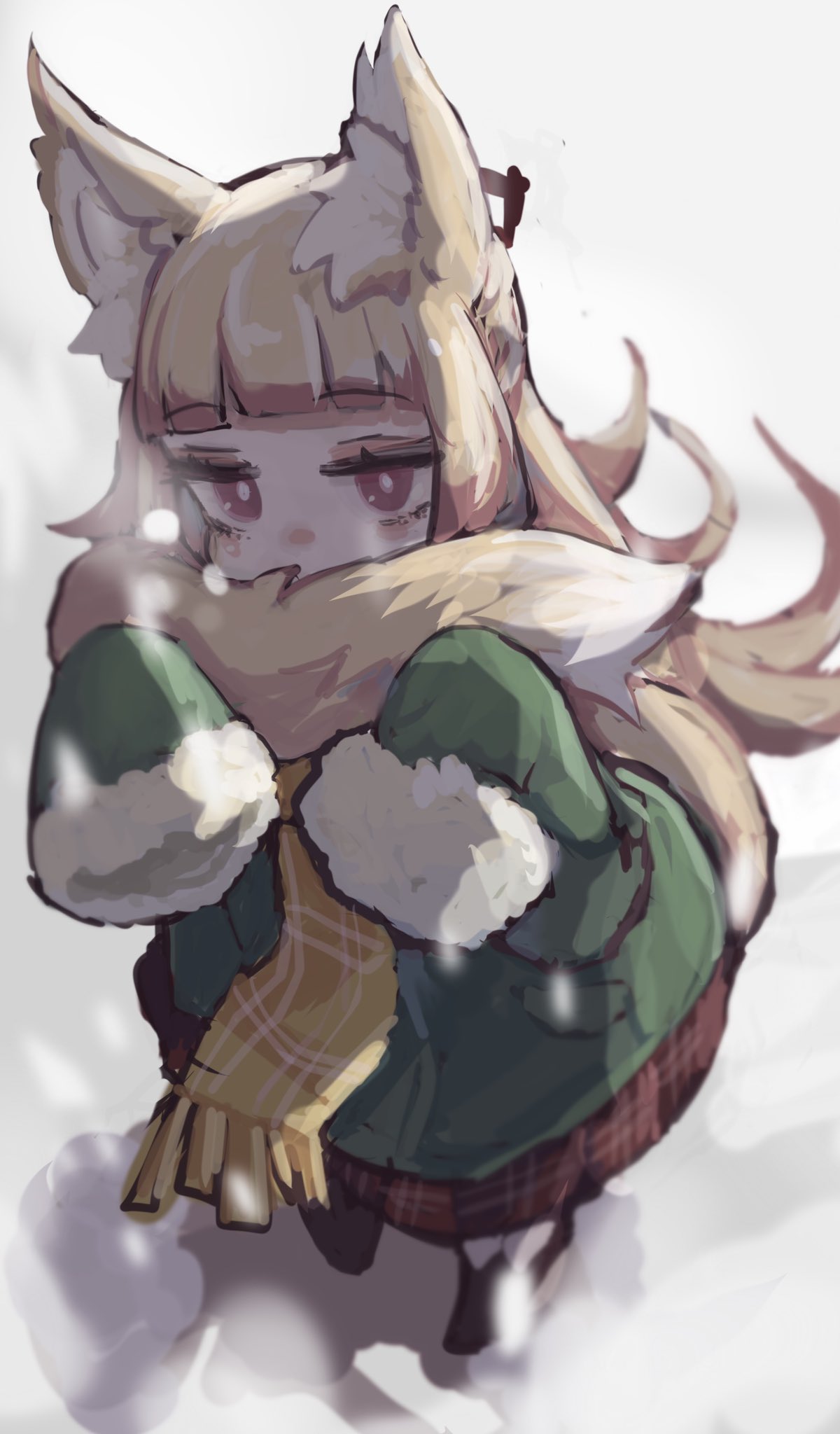 1girl animal_ear_fluff animal_ears backlighting bangs black_footwear blonde_hair blunt_bangs blush borrowed_character breath coat commentary_request covering_mouth domaso_(sowdma2) eyebrows_visible_through_hair fox_ears fox_girl fox_tail full_body fur-trimmed_sleeves fur_trim green_coat hair_ribbon hands_up highres holding_tail kemomimi-chan_(naga_u) long_hair long_sleeves looking_at_viewer miniskirt original outdoors plaid plaid_scarf plaid_skirt pleated_skirt red_eyes red_ribbon red_skirt ribbon scarf sidelocks simple_background skirt sleeves_past_wrists snow snowing solo standing tail white_background winter_clothes yellow_scarf