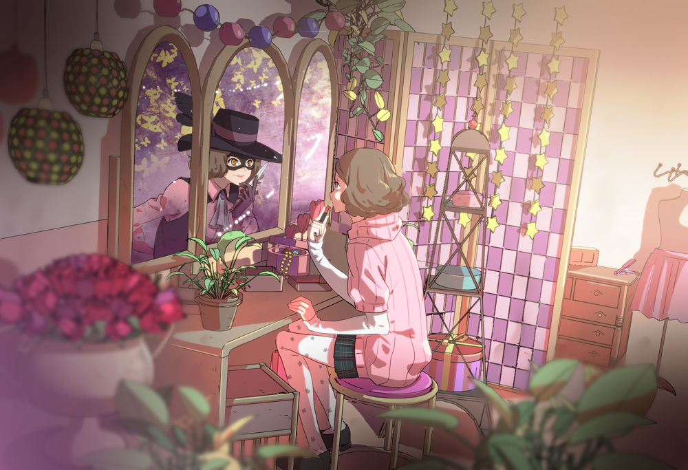 1girl applying_makeup blurry brown_hair cosmetics dagger depth_of_field dual_persona hat indoors lipstick lipstick_tube makeup mask mina_(o414) okumura_haru persona persona_5 plant polka_dot polka_dot_legwear potted_plant reflection ribbed_sweater short_hair sitting stool sweater wavy_hair weapon