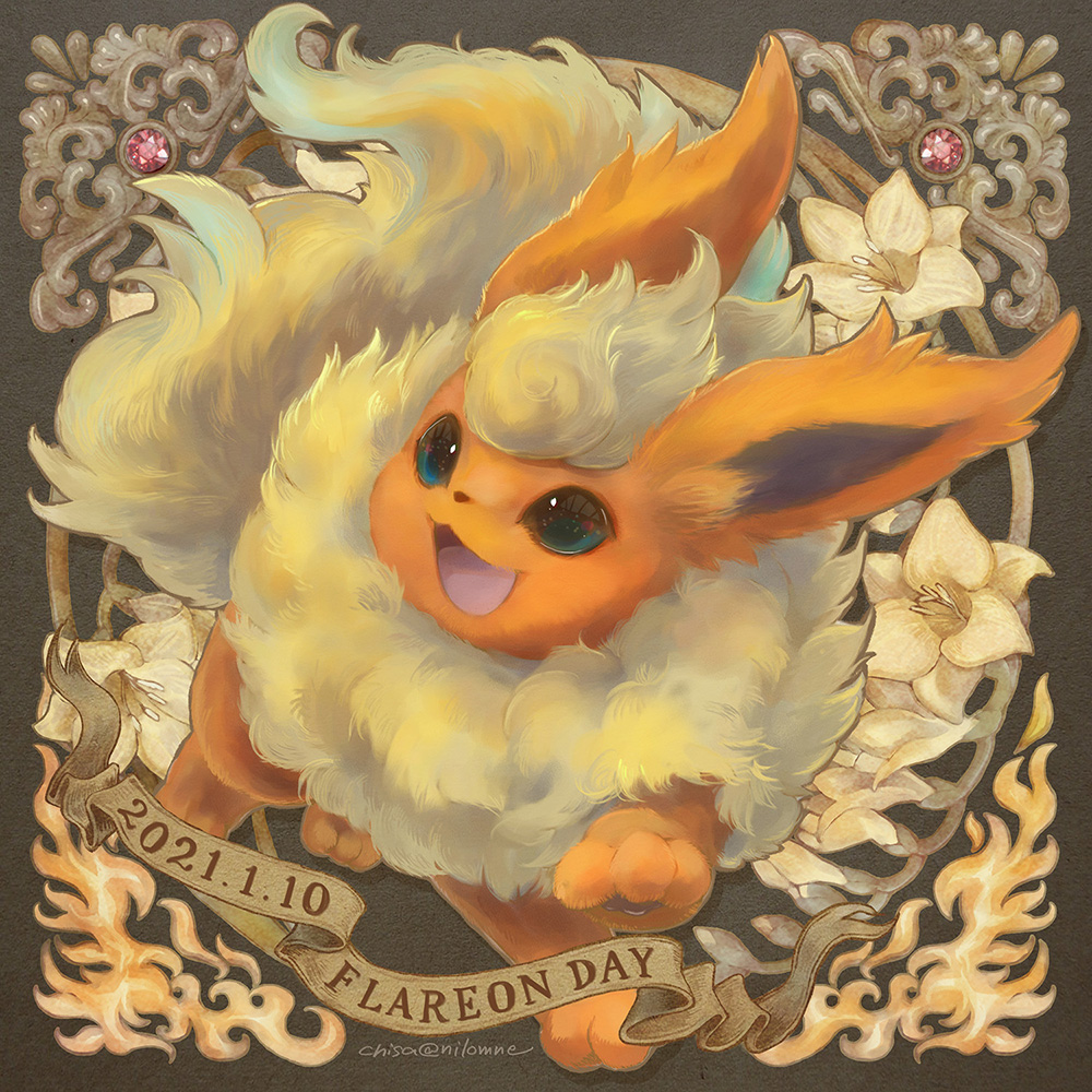 2021 :d character_name dated flareon flower gen_1_pokemon momomo12 no_humans open_mouth pokemon pokemon_(creature) smile white_flower