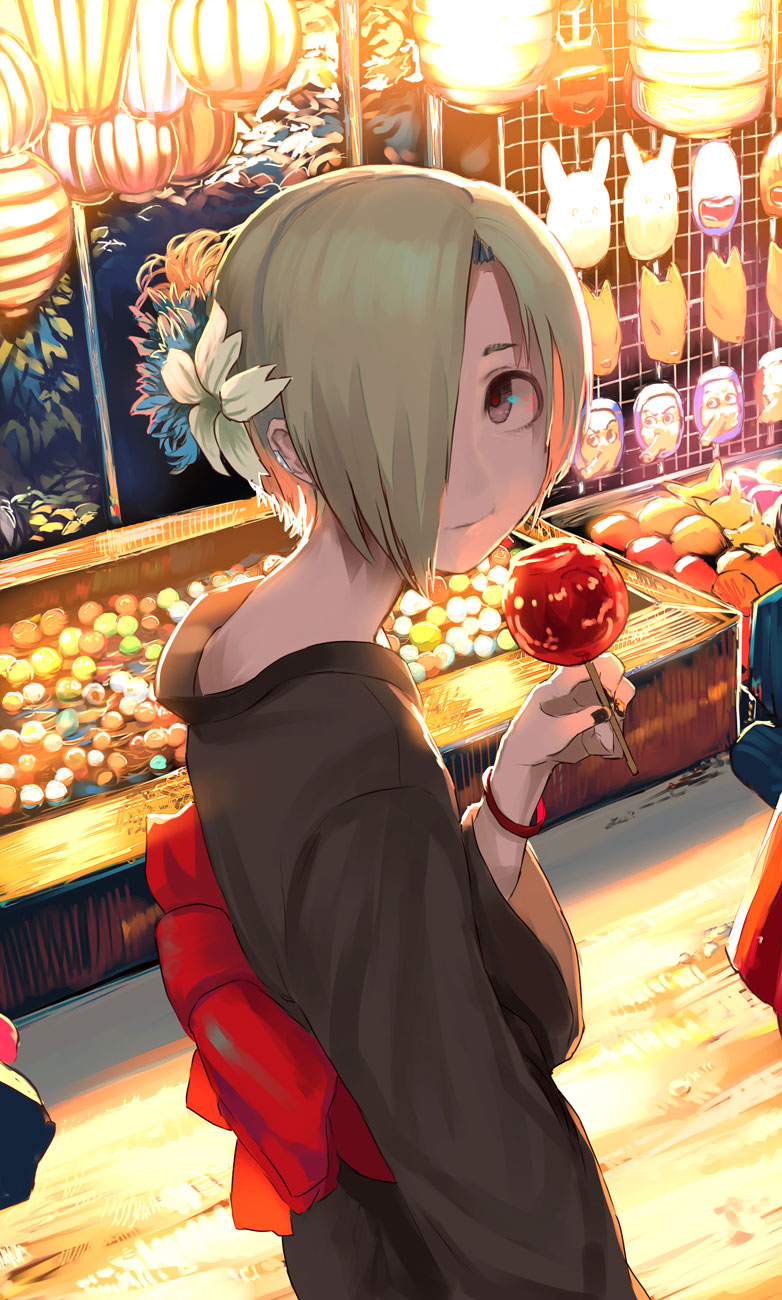 1girl blonde_hair candy_apple dutch_angle ear_piercing festival flower food hair_flower hair_ornament hair_over_one_eye highres idolmaster idolmaster_cinderella_girls japanese_clothes kimono lantern mask nail_polish piercing sawarakajin short_hair solo yukata