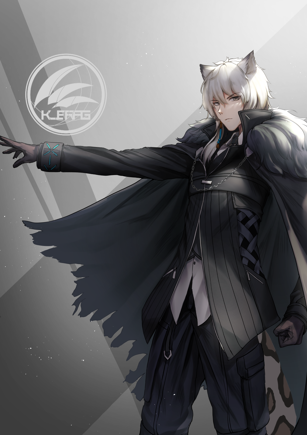 1boy animal_ears arknights black_cape black_coat black_gloves black_pants cape clenched_hand coat fur_trim gloves grey_background grey_eyes highres leopard_ears long_sleeves male_focus pants short_hair silverash_(arknights) solo tim86231 white_hair