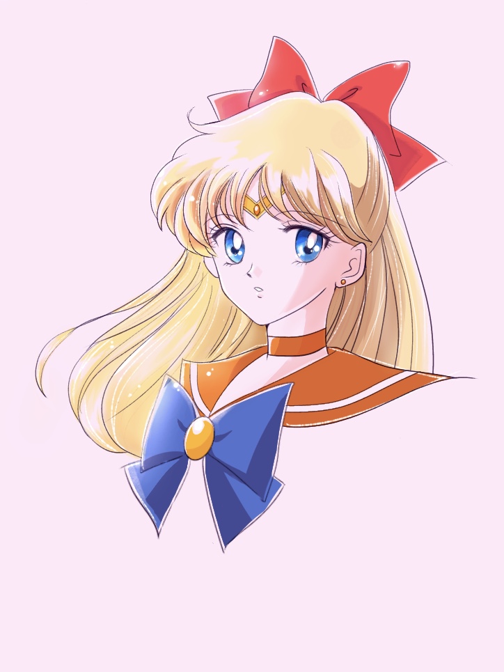 1girl bishoujo_senshi_sailor_moon blonde_hair blue_eyes blue_neckwear bow choker circlet cropped_torso earrings eyebrows_visible_through_hair floating_hair hair_bow jewelry long_hair looking_at_viewer orange_choker orange_sailor_collar parted_lips pink_background portrait red_bow sailor_collar sailor_senshi_uniform sailor_venus shiny shiny_hair simple_background solo y-yazaki2406