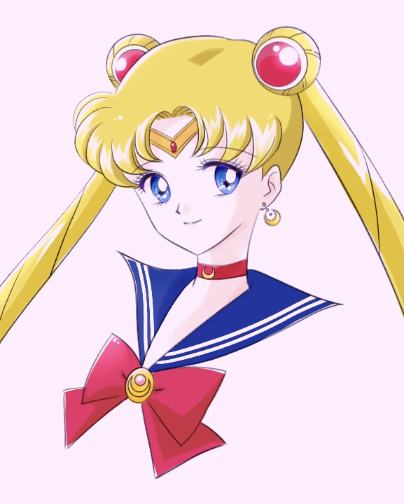 1girl bishoujo_senshi_sailor_moon blonde_hair blue_eyes blue_sailor_collar bow bowtie choker circlet closed_mouth crescent crescent_earrings cropped_torso double_bun earrings hair_tubes jewelry long_hair looking_at_viewer portrait red_bow red_choker red_neckwear sailor_collar sailor_moon sailor_senshi_uniform shiny shiny_hair simple_background smile solo twintails very_long_hair white_background y-yazaki2406