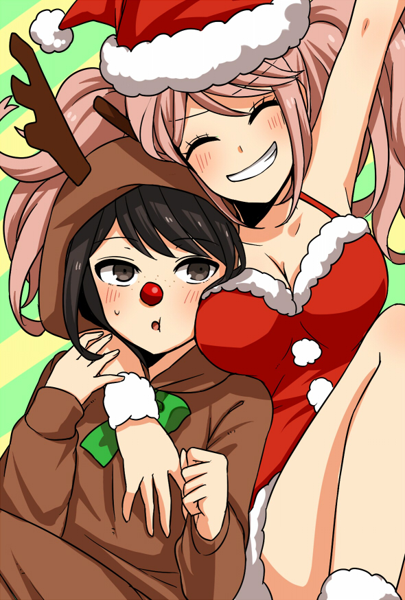 :o alternate_costume animal_costume antlers arm_up bangs black_hair blush bow breast_press breasts cheek_press christmas closed_eyes collarbone commentary_request dangan_ronpa:_trigger_happy_havoc dangan_ronpa_(series) dress enoshima_junko eyebrows_visible_through_hair freckles fur-trimmed_headwear fur_trim green_background green_bow grin hands_up hat hood hood_up ikusaba_mukuro large_breasts long_hair long_sleeves looking_at_viewer multiple_girls nico_(nico_alice) open_mouth red_dress reindeer_antlers reindeer_costume santa_costume santa_hat short_hair siblings sisters smile striped striped_background twintails two-tone_background yellow_background
