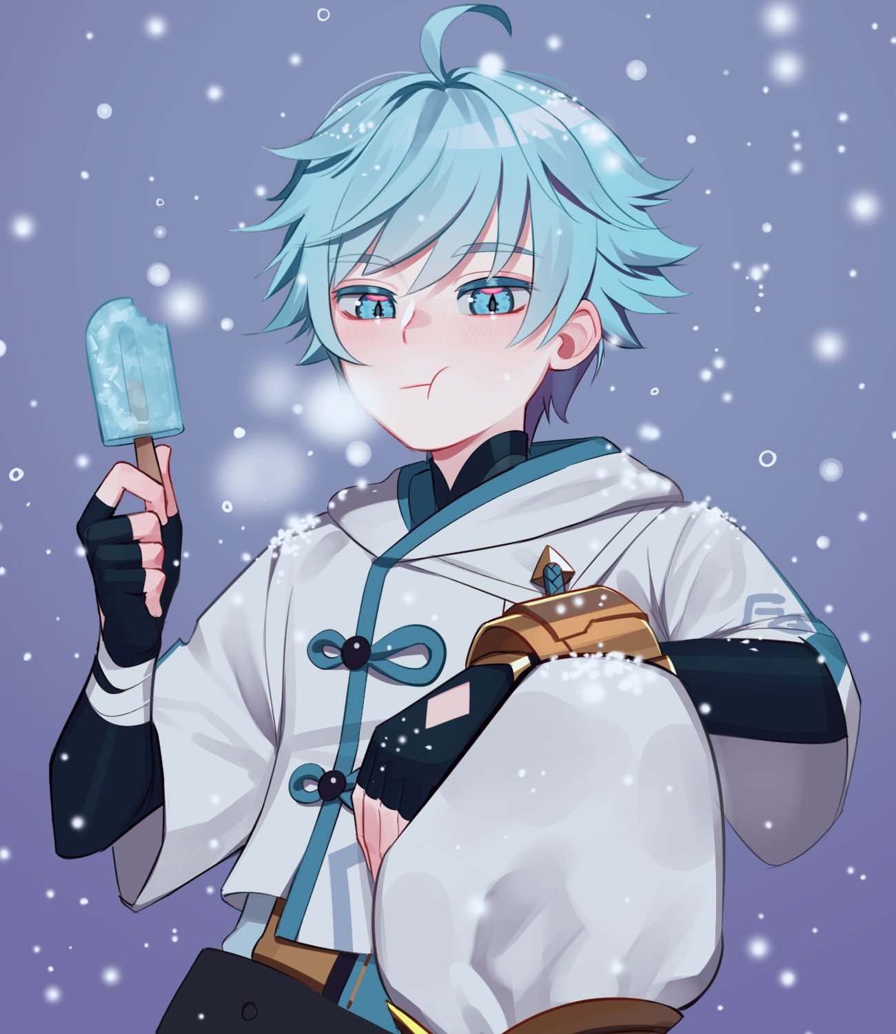 1boy :t black_gloves blue_eyes blue_hair chongyun_(genshin_impact) closed_mouth fingerless_gloves food genshin_impact gloves hand_up highres holding hood hood_down hooded_jacket jacket lavelis male_focus popsicle purple_background slit_pupils snow solo wide_sleeves