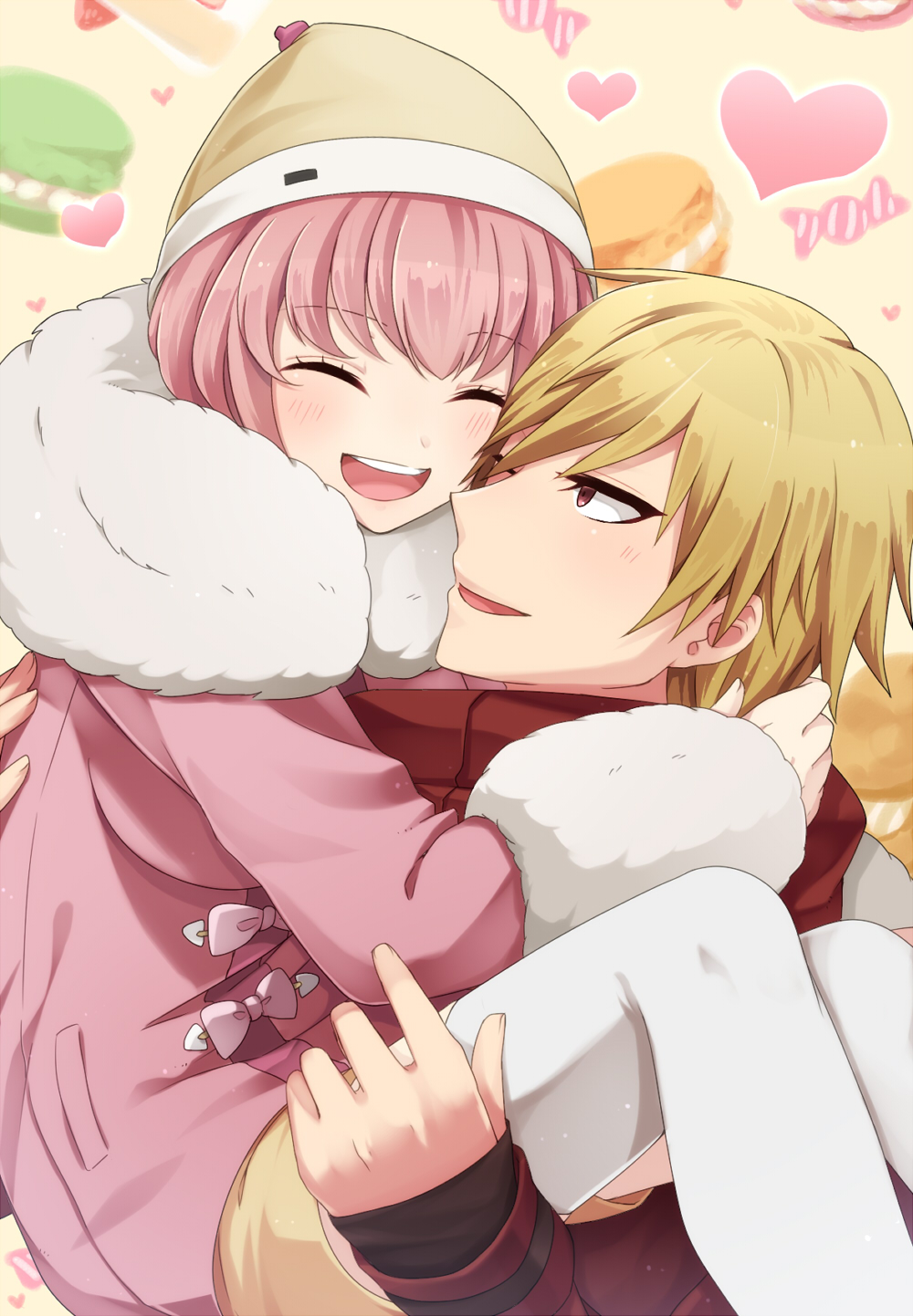 1boy 1girl :d andou_ruruka arms_around_neck beanie blonde_hair blush bow candy_wrapper carrying closed_eyes commentary_request couple dangan_ronpa_(series) dangan_ronpa_3_(anime) fur-trimmed_jacket fur_trim hat heart hetero highres hug izayoi_sounosuke jacket long_sleeves looking_at_another nico_(nico_alice) open_mouth pantyhose parfait pink_bow pink_hair pink_jacket princess_carry red_jacket short_hair skirt smile upper_teeth white_legwear