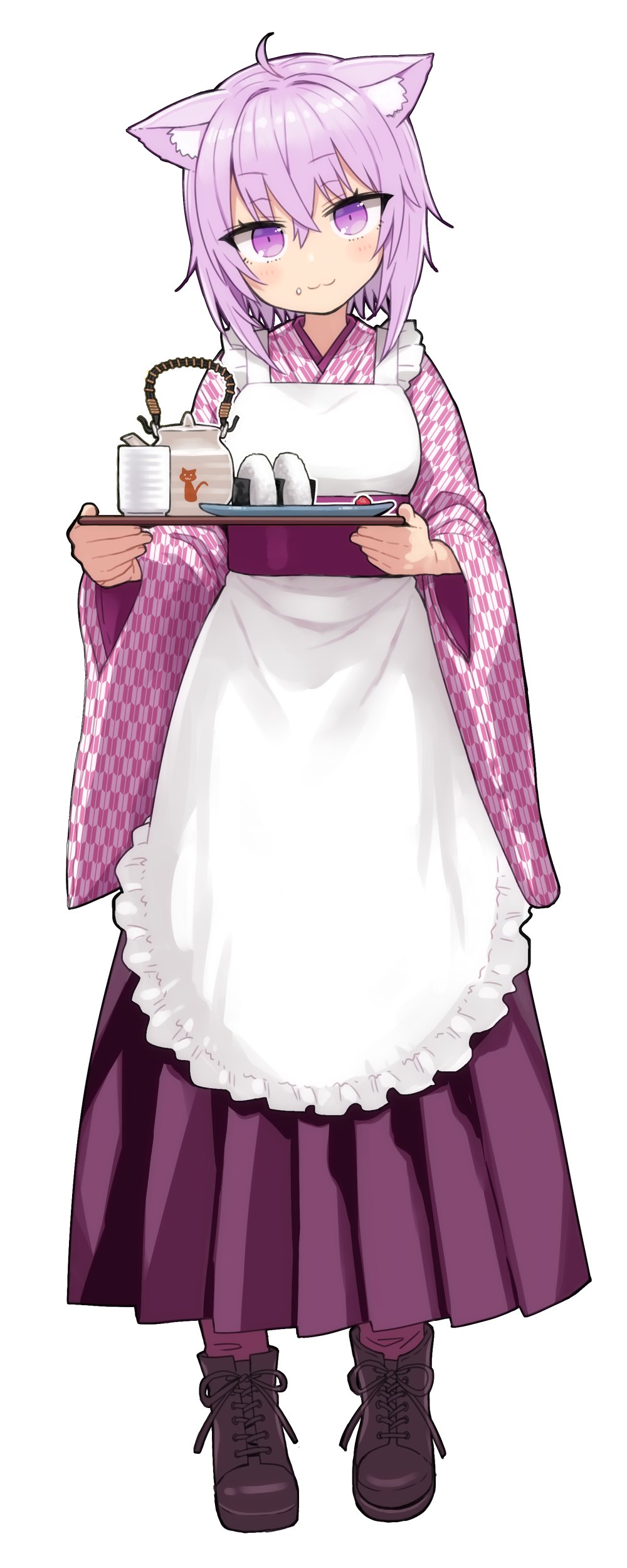 1girl :3 absurdres ahoge animal_ears apron cat_ears cat_tail cup food food_on_face hakama highres hololive japanese_clothes long_skirt nekomata_okayu pleated_skirt purple_hair rice rice_on_face skirt tail teapot tray violet_eyes virtual_youtuber wide_sleeves yu_65026 yunomi