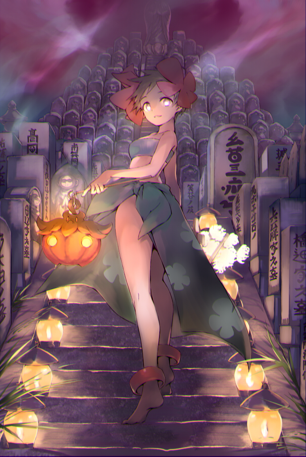 1girl anklet barefoot brown_hair commentary_request elite_four floral_print from_below gen_6_pokemon hair_ornament holding jewelry kneepits lamp looking_at_viewer looking_back orange_mikan parted_lips phoebe_(pokemon) pokemon pokemon_(game) pokemon_rse pumpkaboo sarong short_hair stairs standing