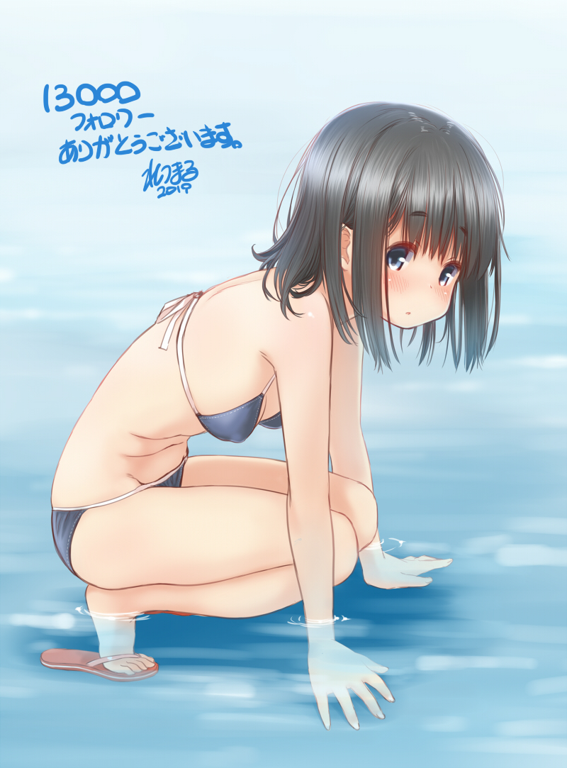 1girl arm_support artist_name bangs bikini black_hair blue_bikini breasts dated eyebrows_visible_through_hair from_side light_blush light_frown looking_at_viewer medium_hair milestone_celebration navel original parted_lips retsumaru sandals signature small_breasts solo squatting swimsuit translated wading water