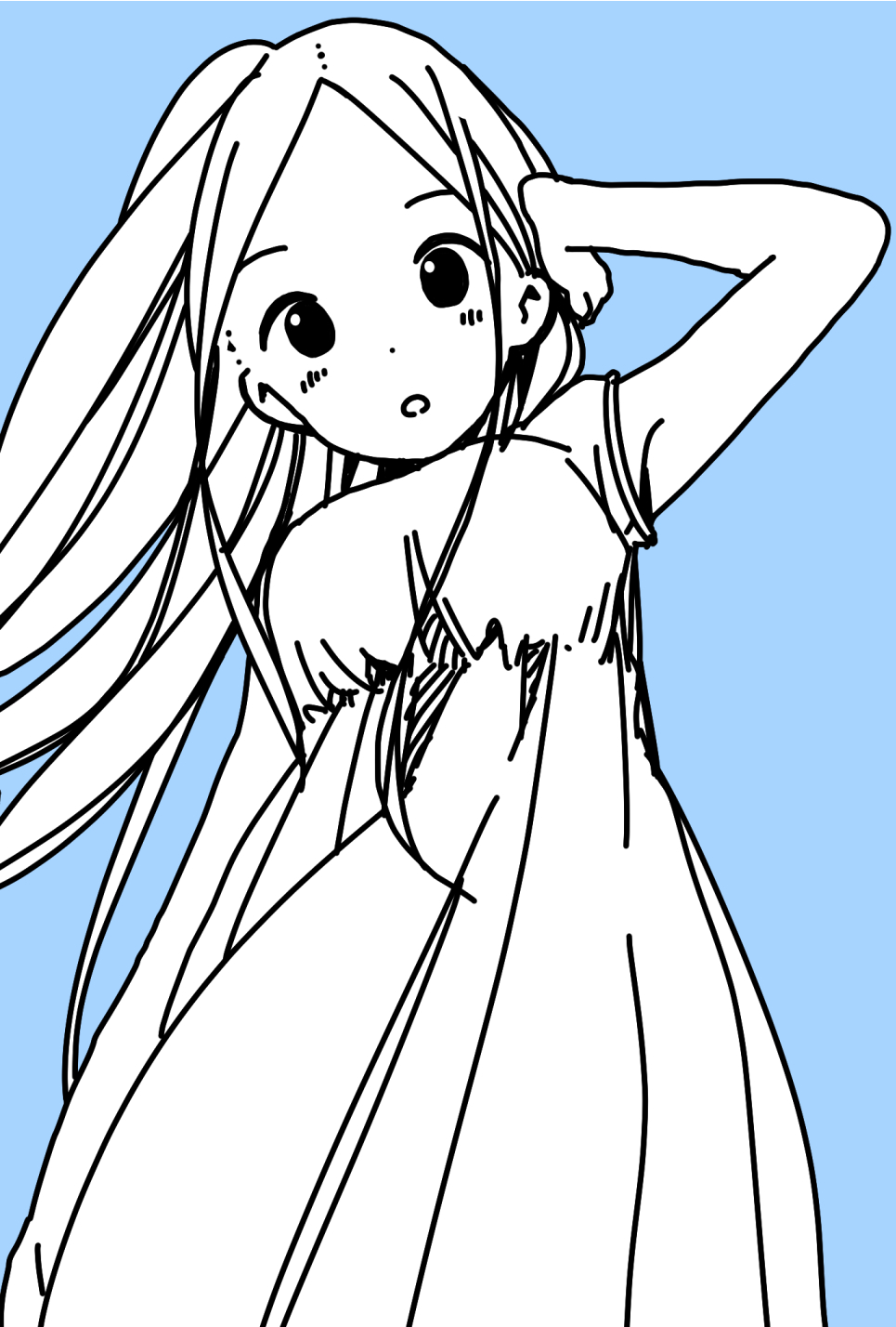 1girl arm_at_side arm_up blue_background blush breasts casual commentary_request disconnected_mouth dot_nose dress floating_hair forehead from_below greyscale hand_on_own_head highres hitoribocchi_no_marumaru_seikatsu katsuwo_(cr66g) long_hair monochrome open_mouth simple_background sleeveless sleeveless_dress solo sotoka_rakita sundress