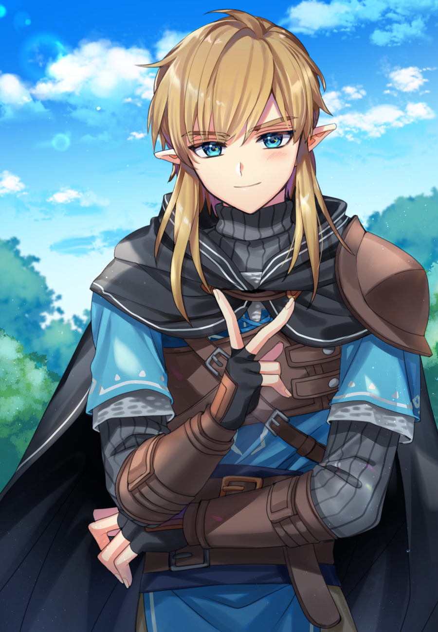 1boy armor bangs belt black_cape black_gloves black_sweater blonde_hair blue_eyes blue_shirt blue_sky brown_belt cape closed_mouth clouds commentary_request day fingerless_gloves gloves highres hood hood_down hooded_cape link long_sleeves looking_at_viewer male_focus medium_hair ninto outdoors pointy_ears ribbed_sweater shirt short_over_long_sleeves short_sleeves shoulder_armor sky smile solo sweater the_legend_of_zelda the_legend_of_zelda:_breath_of_the_wild tree tunic upper_body v