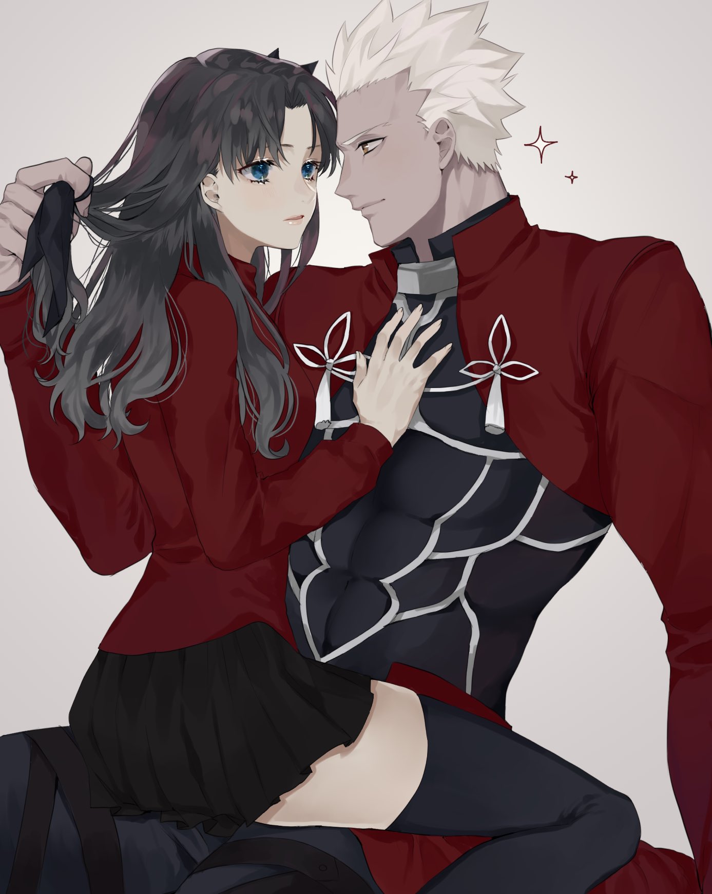 1boy 1girl alternate_hairstyle archer bangs black_hair black_legwear black_ribbon black_skirt blue_eyes breasts closed_mouth commentary_request covered_abs dark_skin dark_skinned_male fate/stay_night fate_(series) grey_background hair_ribbon hand_in_another's_hair hand_on_another's_chest hetero highres long_hair long_sleeves looking_at_another medium_breasts miniskirt pleated_skirt profile red_shirt ribbon shimatori_(sanyyyy) shirt short_hair simple_background sitting sitting_on_lap sitting_on_person skirt smile sparkle thigh-highs tohsaka_rin two_side_up white_hair zettai_ryouiki